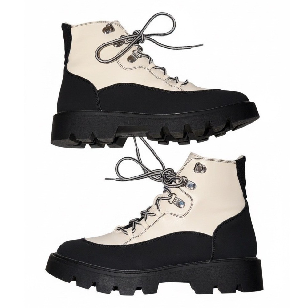 Chinese Laundry Pfeiffer Black Cream‎ Colorblock Lug Sole Combat Boots Womens 9